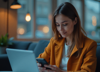 A Lady Using Smartphone and a Laptop