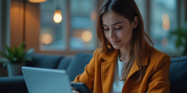 A Lady Using Smartphone and a Laptop