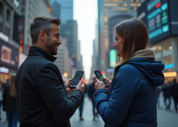 Two Happy People Holding SmartPhones
