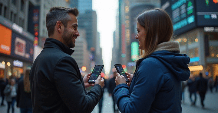 Two Happy People Holding SmartPhones