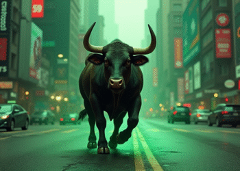 A Strong Bull Roaming in the City in a Green Atmosphere