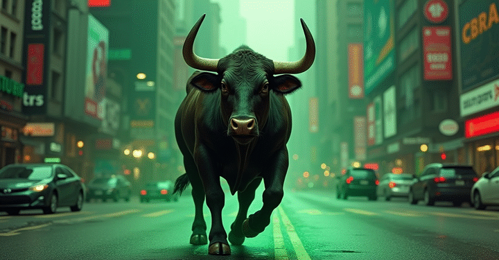 A Strong Bull Roaming in the City in a Green Atmosphere