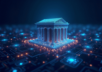 /invezz2 create an image showing modern bank building connected by glowing digital lines to a stylized blockchain network. Include Chainlink and Swift logos