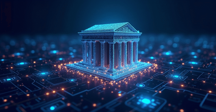 /invezz2 create an image showing modern bank building connected by glowing digital lines to a stylized blockchain network. Include Chainlink and Swift logos