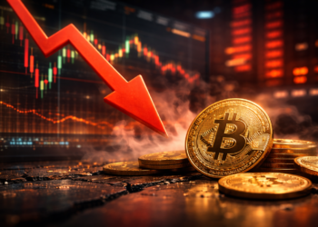 Bitcoin coins with a downward market trend visualised by a falling arrow and trading charts in the background.