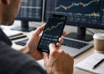 A trader analyzes a financial price chart on a smartphone while multiple market charts display on monitors in the background.