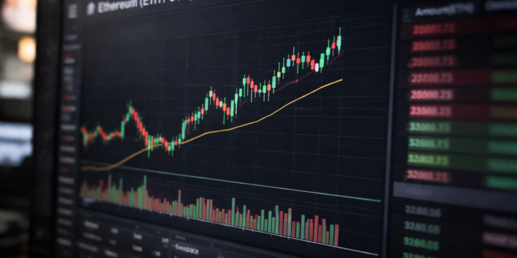 A computer monitor displaying an Ethereum (ETH/USD) candlestick price chart with rising trend lines and trading volume bars on a cryptocurrency trading interface.