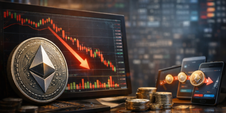 Ethereum coin displayed in front of a trading monitor showing a downward market trend, with crypto wallets and coins symbolising transfers during a price decline.