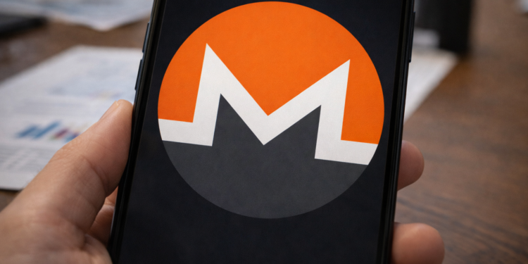 A smartphone held in hand displays the Monero cryptocurrency logo on its screen, with financial documents blurred in the background.