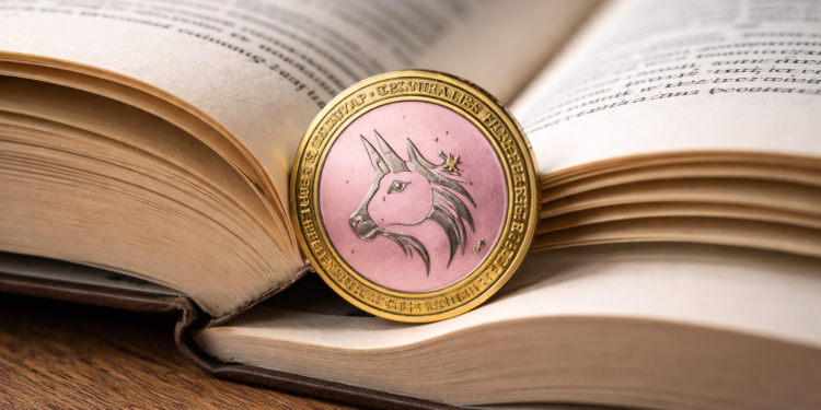 A cryptocurrency token featuring a unicorn emblem resting on the pages of an open book.
