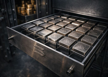 Vault drawer filled with uniform metal asset blocks bearing the Solana emblem, symbolizing tokenized stocks being listed on-chain for Wall Street