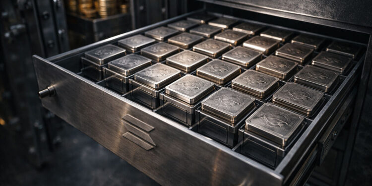 Vault drawer filled with uniform metal asset blocks bearing the Solana emblem, symbolizing tokenized stocks being listed on-chain for Wall Street