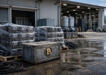 Bitcoin mining equipment stacked outside an industrial facility as operators pivot to AI, selling BTC and taking on debt to maintain liquidity