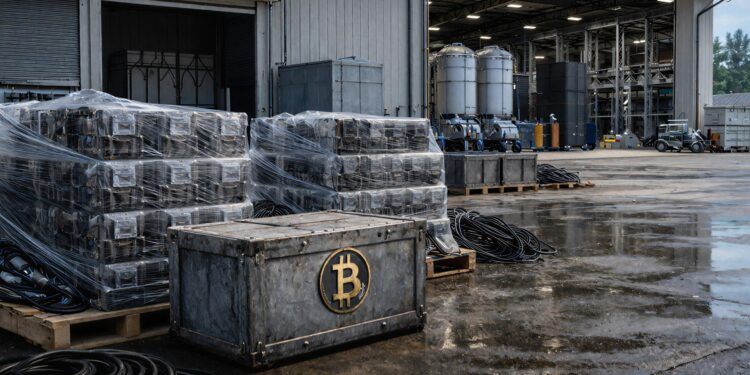 Bitcoin mining equipment stacked outside an industrial facility as operators pivot to AI, selling BTC and taking on debt to maintain liquidity