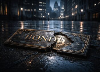 Cracked bond plaque revealing a Bitcoin beneath on a rain-soaked city street, symbolizing Britain’s bond market turmoil shifting attention toward Bitcoin