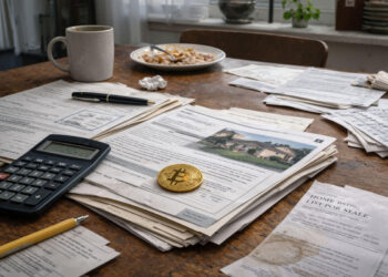 Bitcoin placed on home loan documents and bills illustrates using BTC as collateral to address the US housing crisis