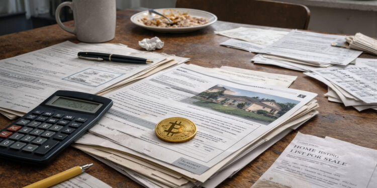 Bitcoin placed on home loan documents and bills illustrates using BTC as collateral to address the US housing crisis