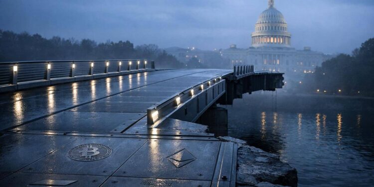 Broken bridge leading toward the U.S. Capitol with Bitcoin and Ethereum symbols embedded in the path, symbolizing limited SEC clarity and ongoing market distrust without Congress