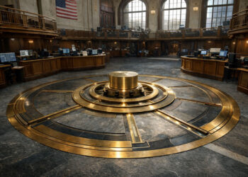 Institutional trading floor built around a vault-like circular mechanism, symbolizing Wall Street’s growing push to control tokenization on its own terms