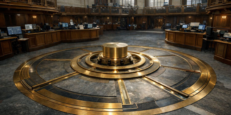 Institutional trading floor built around a vault-like circular mechanism, symbolizing Wall Street’s growing push to control tokenization on its own terms