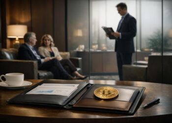 Bitcoin on a financial desk during a client meeting illustrates Morgan Stanley’s imminent MSBT launch and its potential impact on Bitcoin ETF economics