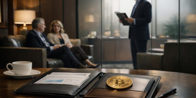 Bitcoin on a financial desk during a client meeting illustrates Morgan Stanley’s imminent MSBT launch and its potential impact on Bitcoin ETF economics