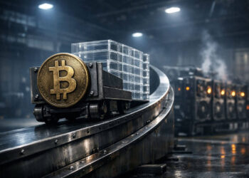 Bitcoin mining carts carrying stacked blocks on an industrial conveyor line, symbolizing power-law growth under pressure from shifting ETF inflows