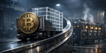 Bitcoin mining carts carrying stacked blocks on an industrial conveyor line, symbolizing power-law growth under pressure from shifting ETF inflows