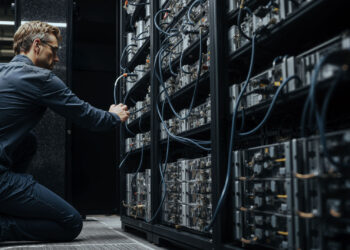 Engineer adjusting Bitcoin mining servers in a data center amid network power struggle over anti-spam proposal and disputed node support
