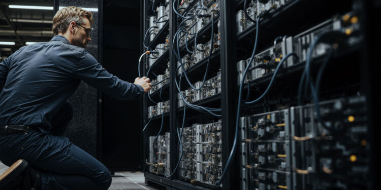 Engineer adjusting Bitcoin mining servers in a data center amid network power struggle over anti-spam proposal and disputed node support