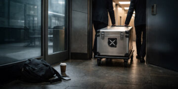 Two executives moving a secured XRP-branded case down a hallway, symbolizing a 78% collapse in XRP leverage while $1.4 billion in ETF inflows remains tied to Ripple’s expanding footprint