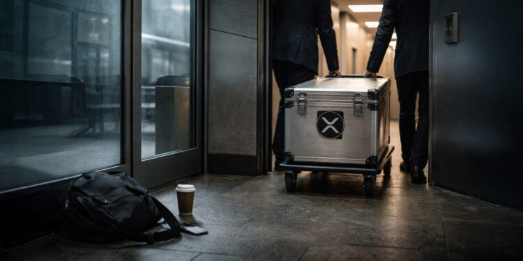 Two executives moving a secured XRP-branded case down a hallway, symbolizing a 78% collapse in XRP leverage while $1.4 billion in ETF inflows remains tied to Ripple’s expanding footprint