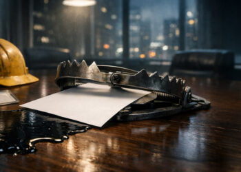 Bear trap snapping shut on a blank report beside spilled oil and a construction helmet on a boardroom table, symbolizing the Federal Reserve’s policy dilemma as soft CPI, weak jobs data, and rising oil prices collide