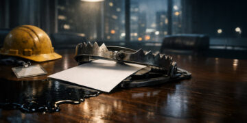 Bear trap snapping shut on a blank report beside spilled oil and a construction helmet on a boardroom table, symbolizing the Federal Reserve’s policy dilemma as soft CPI, weak jobs data, and rising oil prices collide