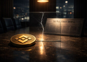 Binance coin on a boardroom table beside a cracked glass panel and a newspaper, symbolizing legal pressure and shifting media scrutiny surrounding the latest lawsuit against Binance