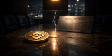 Binance coin on a boardroom table beside a cracked glass panel and a newspaper, symbolizing legal pressure and shifting media scrutiny surrounding the latest lawsuit against Binance