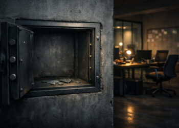 Open empty safe with scattered fragments in a dim office, symbolizing the lasting impact of crypto hacks even after funds are gone