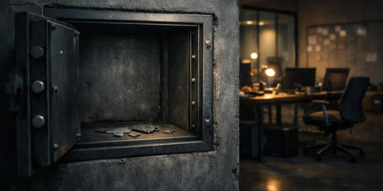 Open empty safe with scattered fragments in a dim office, symbolizing the lasting impact of crypto hacks even after funds are gone