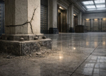 Cracked stone pillar inside a grand financial hall, symbolizing mounting stress in the normally safe 2-year Treasury market