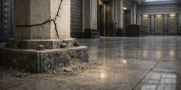 Cracked stone pillar inside a grand financial hall, symbolizing mounting stress in the normally safe 2-year Treasury market