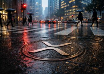 XRP logo on a rain-soaked city street as investors pull back, signaling first monthly outflow after a $1.2B ETF inflow streak