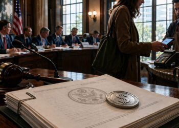 Congressional hearing room with U.S. documents and a dollar coin in the foreground as a woman pays by phone, symbolizing stablecoins becoming easier to use while Bitcoin still awaits regulatory clarity