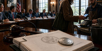 Congressional hearing room with U.S. documents and a dollar coin in the foreground as a woman pays by phone, symbolizing stablecoins becoming easier to use while Bitcoin still awaits regulatory clarity