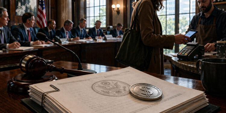 Congressional hearing room with U.S. documents and a dollar coin in the foreground as a woman pays by phone, symbolizing stablecoins becoming easier to use while Bitcoin still awaits regulatory clarity