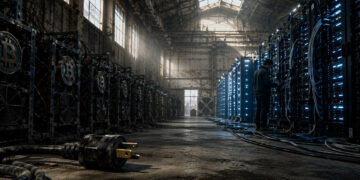 Bitcoin coin lodged in a deep crack between Wall Street and a rundown gas station street, symbolizing fragile markets as record highs clash with collapsing consumer confidence