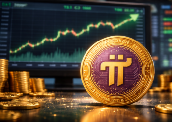 A bullish PI coin in front of a monitor