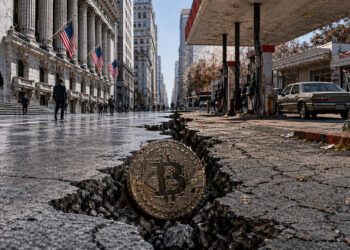 Bitcoin coin lodged in a deep crack between Wall Street and a rundown gas station street, symbolizing fragile markets as record highs clash with collapsing consumer confidence