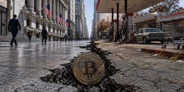 Bitcoin coin lodged in a deep crack between Wall Street and a rundown gas station street, symbolizing fragile markets as record highs clash with collapsing consumer confidence
