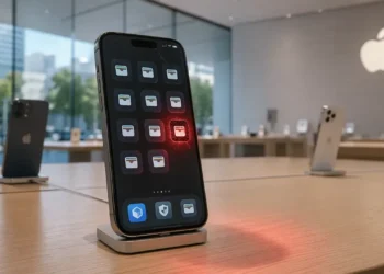 iPhone displaying suspicious wallet-style app icons with one glowing red inside an Apple Store, symbolizing concerns over fake crypto apps on the App Store under new leadership
