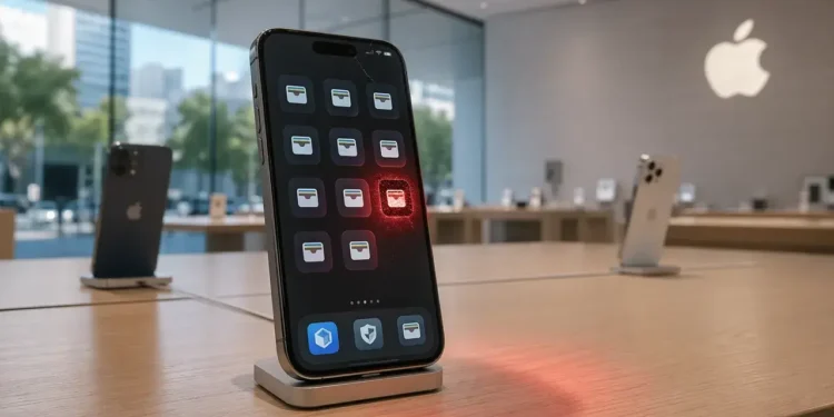 iPhone displaying suspicious wallet-style app icons with one glowing red inside an Apple Store, symbolizing concerns over fake crypto apps on the App Store under new leadership
